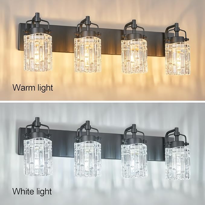 Modern 4-Light Vanity Light with Crystal Glass Shade - Black Bathroom Light Fixture Over Mirror