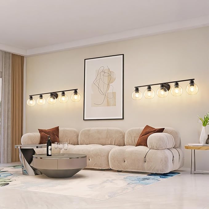 Bathroom Light Fixtures Over Mirror 5-Lights Bathroom Vanity Light with Clear Globe Glass Shade 37.4 inch Modern Black Vanity Light Wall Sconce Vanity Lighting for Bath