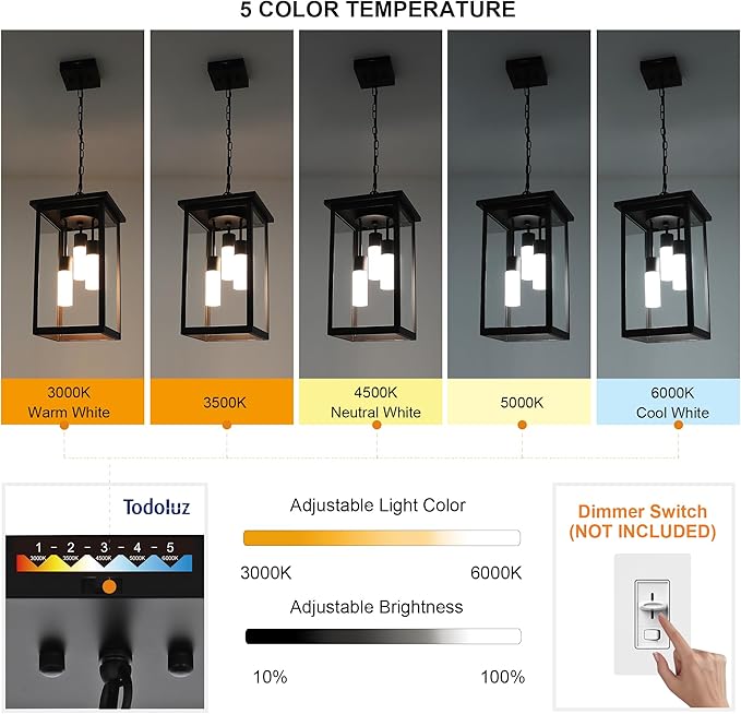 TODOLUZ Black Large 3-Light LED Outdoor Pendant Light with Frosted Coloum, Dimmable 5CCT Exterior Ceiling-Mount Porch Lighting for Foyer (3000K/3500K/4500K/5000K/6000K)