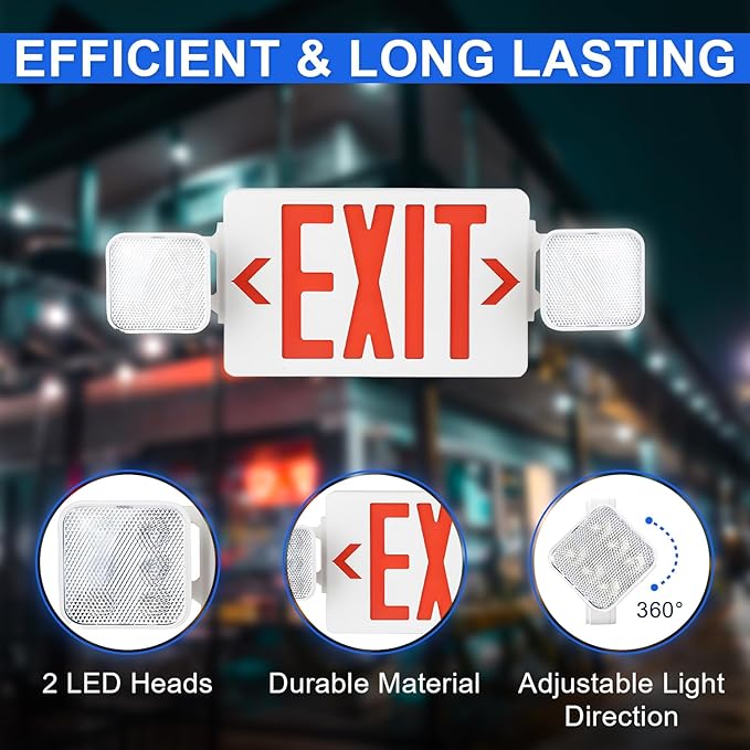 LED Combo Exit Sign Emergency Light, Commercial Emergency Exit Lights with Battery Backup, Double Sided and Adjustable Two LED Head, Fire Resistant UL 94V-0, AC 120/277V (1 Pack)