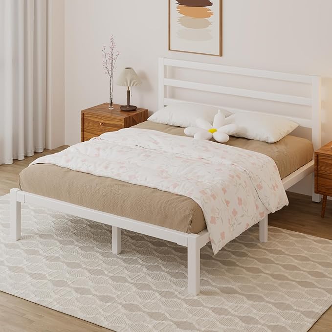 Full Size Bed Frame, Metal Platform Bed Frame with Headboard, Mattress Foundation with Spacious Underbed Storage, No Box Spring Needed, Easy Assembly, White