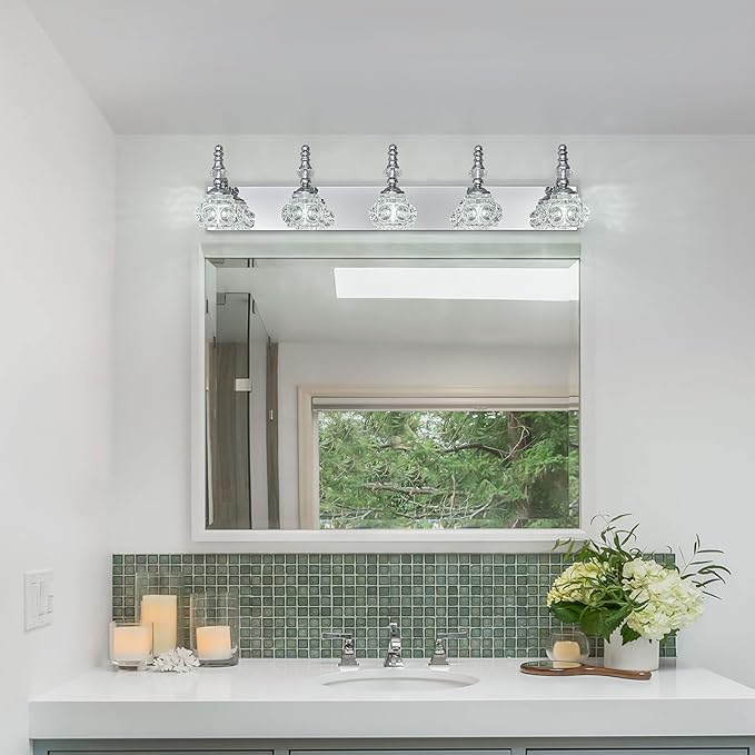Modern Glass Crystal Vanity Light - Vintage Bathroom Lighting Fixtures Over Mirror, 5 Light Vanity Lights, G9 Bulb (35.43 Inch, Chrome)