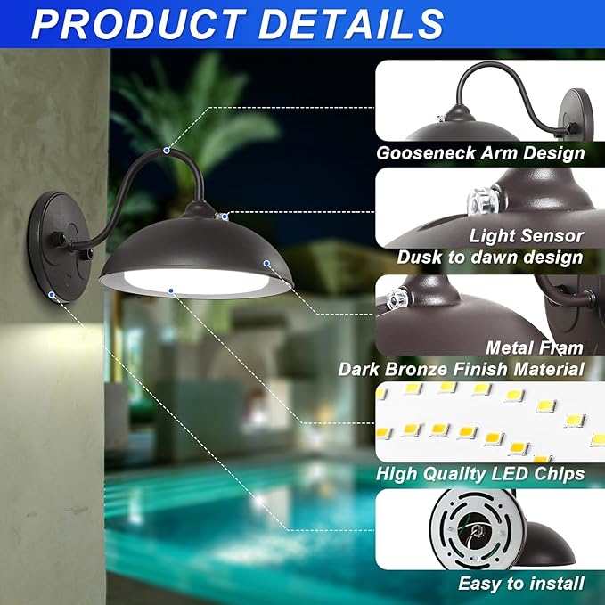 28W LED Gooseneck Barn Light with Dusk to Dawn Photocell, 8 inch Outdoor Farmhouse Wall Light - 5CCT Selectable, Outdoor LED Barn Lights for Garage Doorway, 120-277V UL Listed (1-Pack)