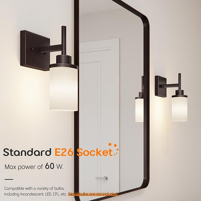 Wall Lights Over Mirror Bathroom Vanity Light Fixtures with White Frosted Glass Shade, Wall Sconces for Porch, 2 Pack Oil Rubbed Bronze T001ORB-L1-P2