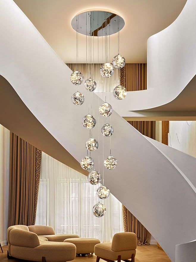 15-Light LED Staircase Chandelier Crystal Ceiling Lights Large Chandeliers for High Ceilings, Entryway Modern Lighting Fixture Villas and Stairs, Adjustable Length 23" W x100 H,75W