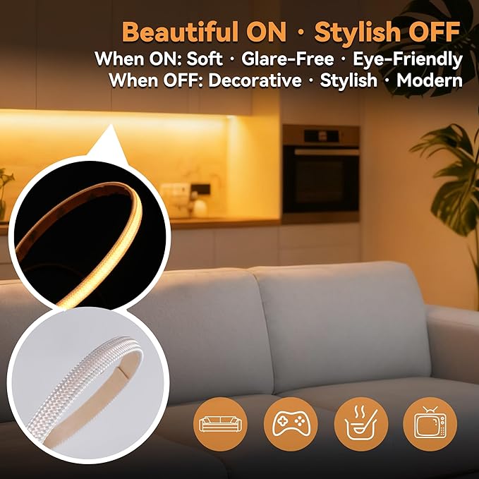 39.37in USB Fabric COB LED Strip, 3000K Warm White Soft Diffused Light, Anti-Glare Eye-Comfort, Flexible Cuttable Under Cabinet & Bedroom Accent Lighting