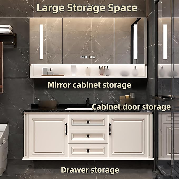 36IN Bathroom Vanity with Single Sink - Open Style Storage Shelves & Side Cabinets | Wall Mounted Bathroom Vanities Set, Time Display Mirror Cabinet Includes Defogging & Lighting Functions (Style B)