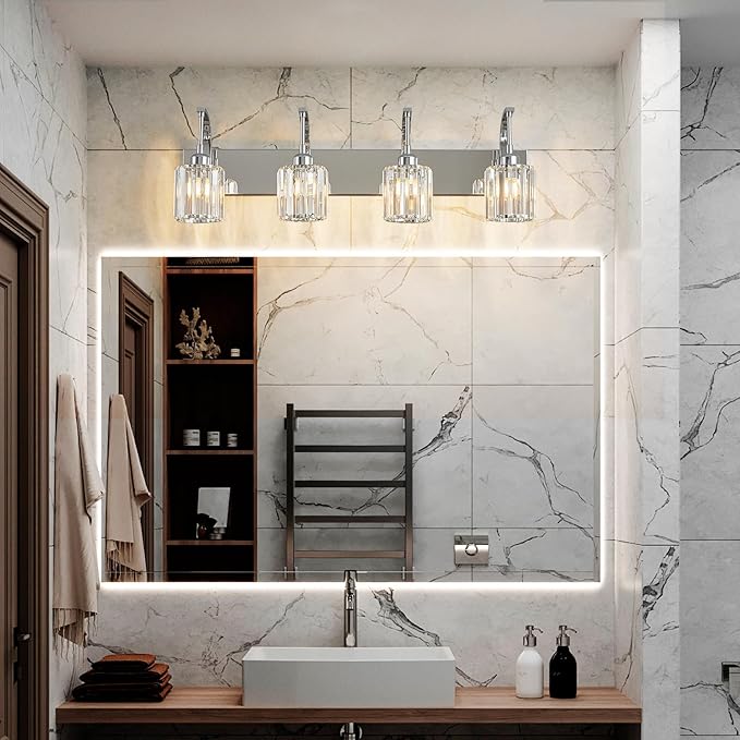 4-Light Crystal Vanity Light, Modern Chrome Bathroom Wall Sconce with K9 Crystal Shades, 32.67" Long Over Mirror Lighting for Vanity, Makeup, Hallway, Elegant & Easy Install