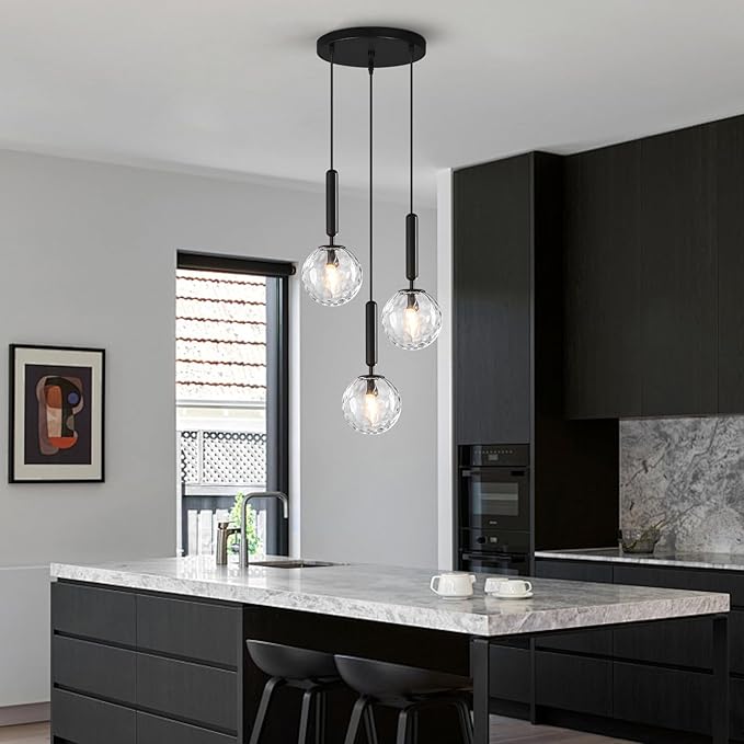 Mid Century Globe Pendant Light with Clear Glass for Kitchen Island Modern Balck Finish Hanging Light Fixture Retro Round Pendant Lighting for Living Room Bedroom Entryway(3 Lights)
