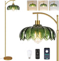 Gold Floor Lamps for Living Room,Glass Floor Lamp with Remote Control & Green Lampshade,Arc Flower Lamp Dimmable Mid Century Modern Standing Lamp Vintage Brass Tall Floor Lamp For Bedroom Corner