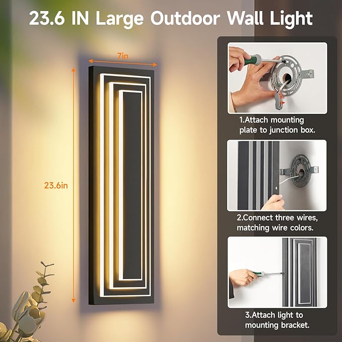 23.6 in Long Outdoor Wall Sconce,3-Tier LED Modern Exterior Wall Light,Matte Black Outdoor Garage Lighting Fixtures,Front Porch Patio Light Waterproof Acrylic Wall Lamp,36 W 3000K Warm White