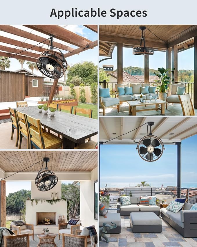 Outdoor Ceiling Fan with Light, IP55 Rated Waterproof Ceiling Fan with Tilting Head & Plug in Cord Remote and App Control - Caged Design for Patios Garage Gazebo Pergolas Pavilions 20 Inch