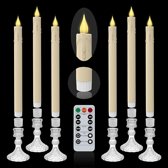 Flameless LED Taper Candles with Diamond Base Light - Hexagon Glass Holder, Remote Timer 2AA Battery Operated 500+ Hours for Thanksgiving/Xmas Decor, Wedding Centerpiece (Ivory, 6 Pack)