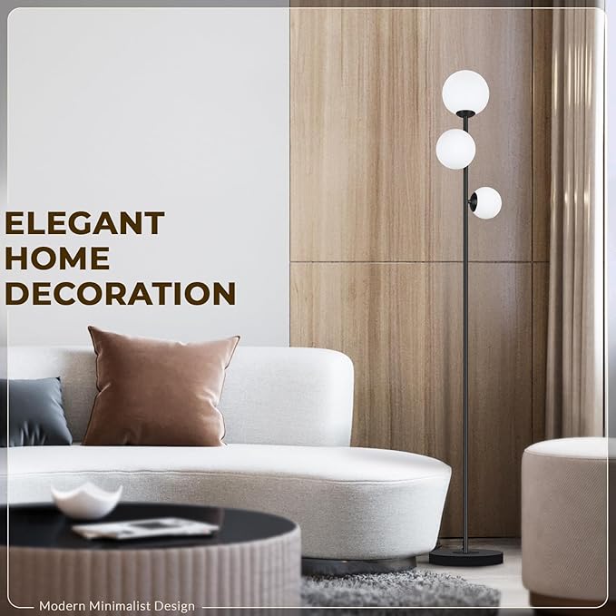 3 Globe Floor Lamps for Living Room, Mid Century Modern Standing Lamp with 3 Color Temperatures, Vintage Retro Tall Light with Frosted Glass Shades and LED Bulbs for Bedroom Office Corner (Black)
