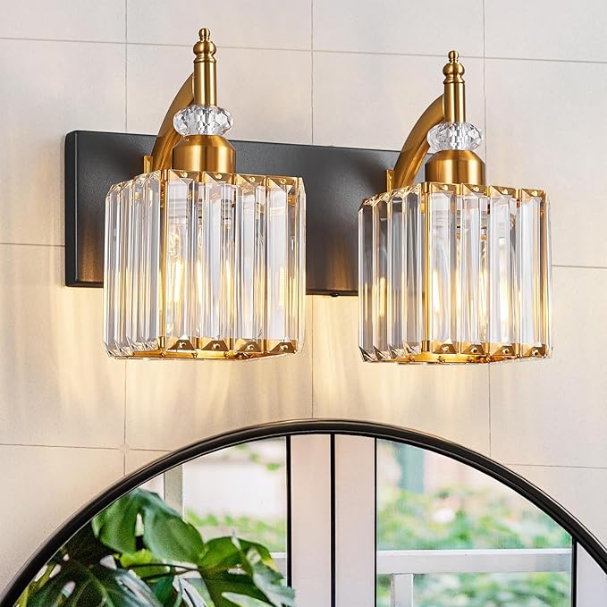 Modern Bathroom Vanity Light 2-Light Black and Gold Crystal Light Fixtures Over Mirror for Bathroom Wall Sconce