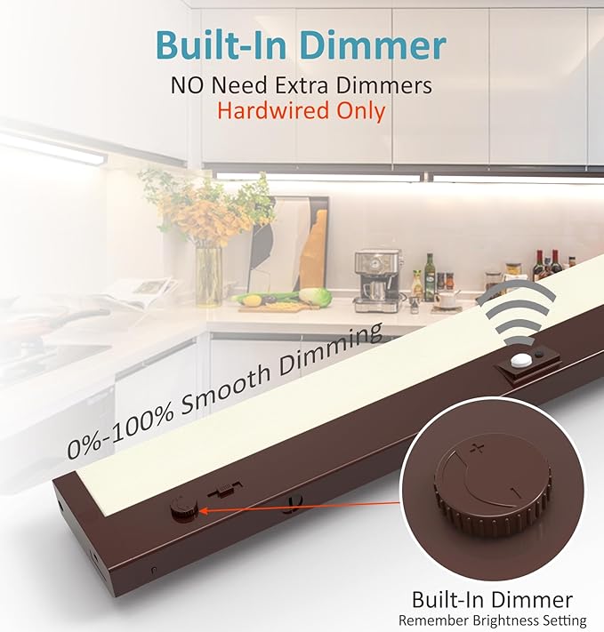 LED Under Cabinet Lighting Motion Sensored Hardwired with Built-in Dimmer, 24 Inch 12W Dimmable 5 Color 2700/3000/3500/4000/5000K, Linkable Eyes Care for Kitchen, Counter, ETL Listed, Bronze