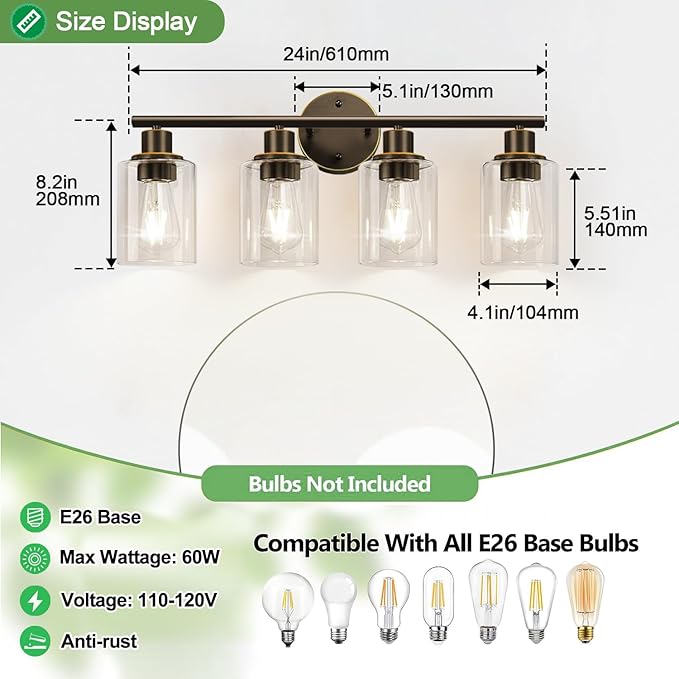 4-Light Bathroom Light Fixtures, Brown and Gold Modern Vanity Lights Over Mirror with Clear Glass Shade, Bathroom Wall Lamp for Mirror Kitchen Living Room Hallway Cabinet Porch Bedroom Reading room