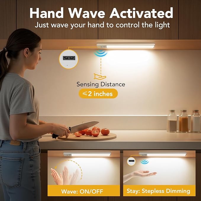 Under Cabinet Lighting, Motion Sensor Light with 3 Color Temps, Rechargeable Closet Lights with Hand Wave, 11.8 Inch Dimmable Under Counter Lights for Kitchen, Wardrobe, Stairs, 2 Pack