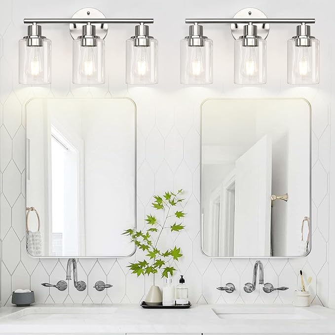 3-Light Bathroom Light Fixtures, Brushed Nickel Vanity Light, Farmhouse Wall Lights with Clear Glass Shade, Bathroom Wall Lamp for Mirror Kitchen Bedroom Hallway Living Room Hallway Cabinet
