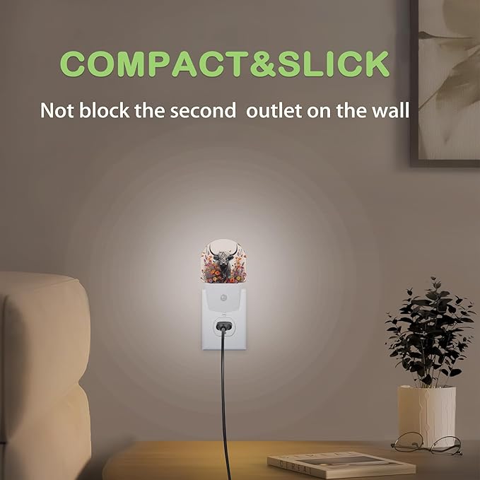 Highland Cow Night Light,Daisy Flower Plug into Wall Nightlights with Dusk to Dawn Light Sensors for Bedroom, Bathroom, Hallway, Kitchen, Night Lights for Boys Girls Women Men