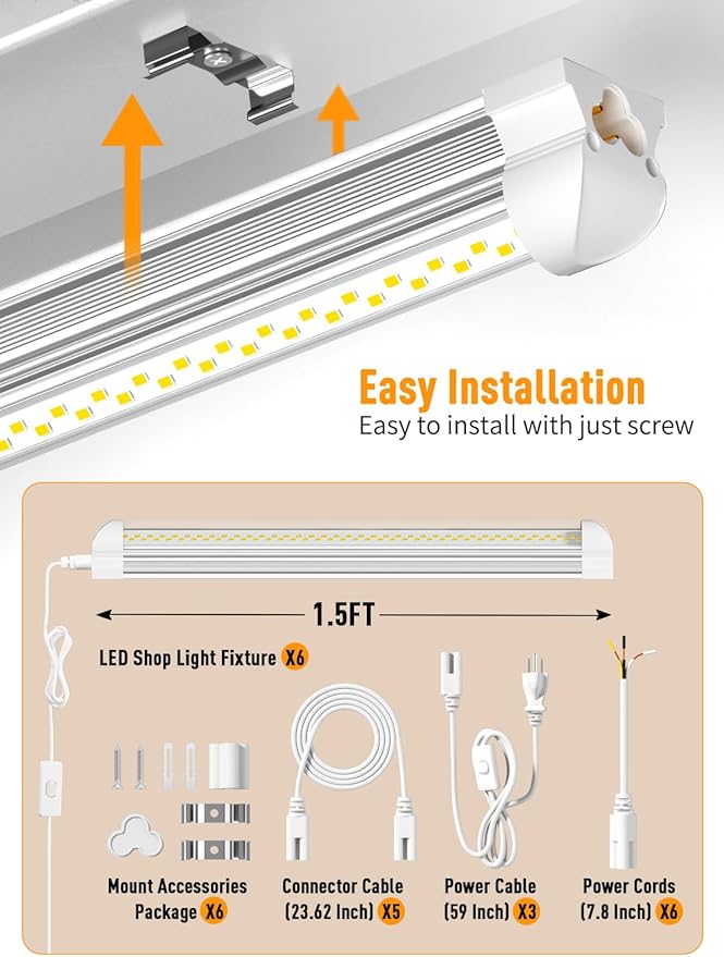LED Shop Light, 25W 3750LM 6000K Super Bright, Plug and Play, Linkable Utility Shop Lights for Garage, Cabinet, Workbench, Workshop (6 Pack)