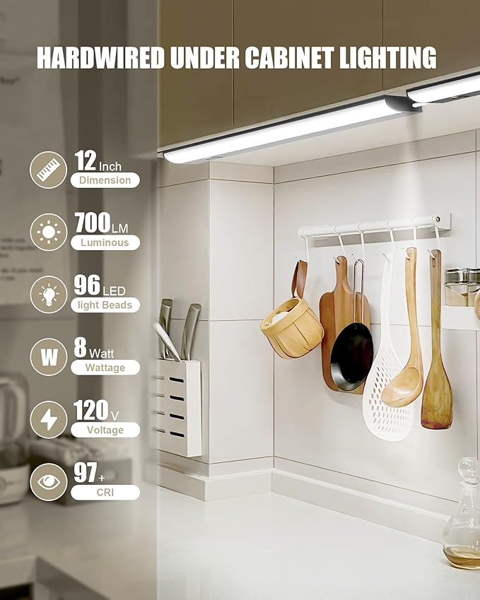 Hardwired Under Cabinet Lighting, 12 inch LED Under Counter Lights for Kitchen, CRI 97, 3CCT Dimmable Linkable Under Cabinet Lights with Power Cord and Linked Cord, 120V,8W,700Lm Black