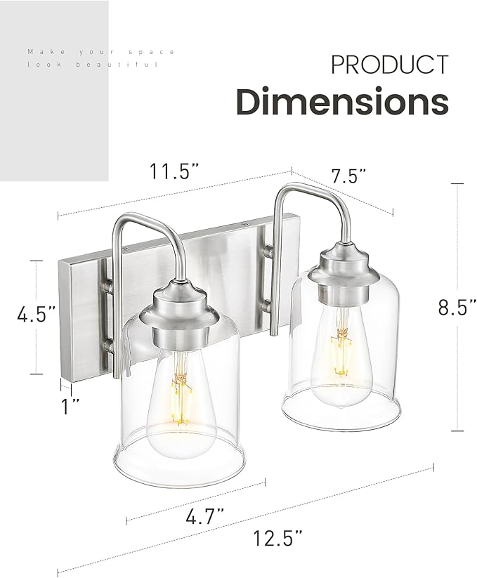 zeyu 12.5 Inch Modern Bathroom Vanity Light Fixtures, 2-Light Wall Mirror Light for Bathroom, Brushed Nickel Wall Sconces with Clear Glass Shade, ZSL72B-2W BN