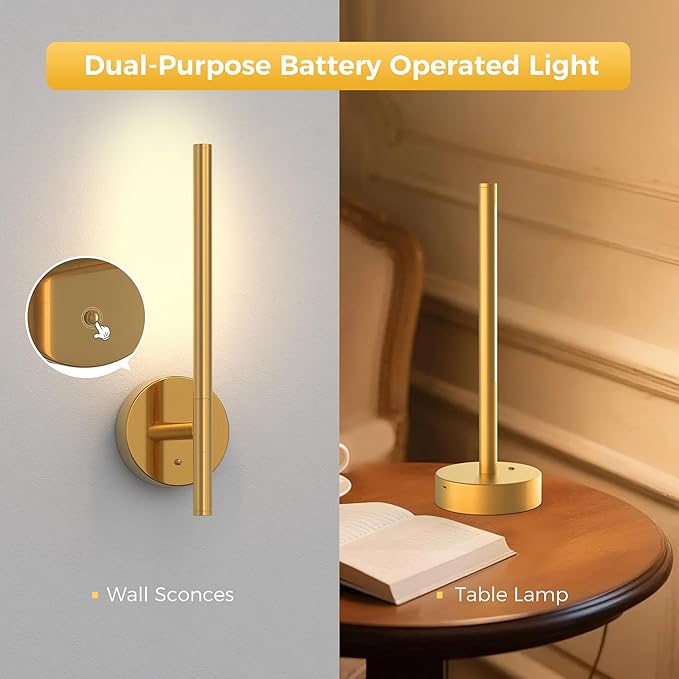 L LOHAS LED Battery Operated Wall Sconces & Table Lamp Set of 2, 10000mAh Rechargeable Battery Wall Light with App Control, 3CCT Dimmable & DIY RGB, No Wiring Modern Sconce Wall Decor, Gold