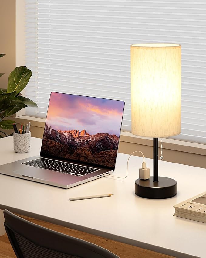 Fenmzee Plus Bedside Table Lamps Set of 2-3 Color Temperatures Pull Chain Lamp with AC Outlet Charging Port, Round Night Stand Lamps for Bedroom Guest Room Office, Bed Side Light with E26 LED Bulbs