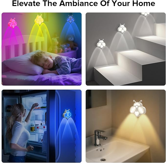 Rechargeable Motion Sensor Night Light for Kids | Warm White & RGB | Cute Bee Design | Magnetic Mount | Indoor Light for Bedroom, Kids' Room, Stair, Bathroom(Pink, 4 Pack)
