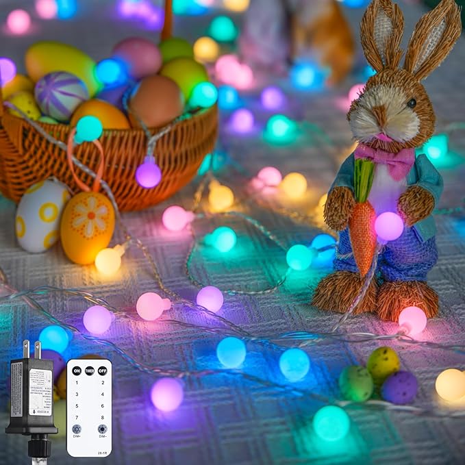 JMEXSUSS 100 LED Connectable Globe String Lights Indoor, 33ft Multicolor Fairy Lights Plug in with Remote, 8 Modes Pastel Lights for Easter Bedroom Tree Room Party Decoration