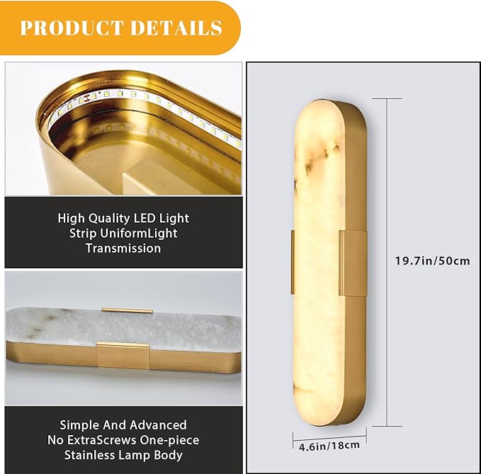 20“Natural Marble Wall Sconces Gold Alabaster Wall Sconce Vintage Bathroom Vanity Black LED Wall Lights 3000K Alabaster Indoor Mid Century Wall Lighting for Bedroom Living Room Hallway