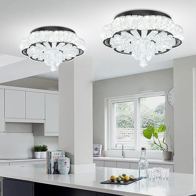 Modern Empire Crystal Chandelier Black 16inches Crystal Raindrop Ceiling Light for Living Room Bedroom LED Infinity Dimmable 3000-6000K