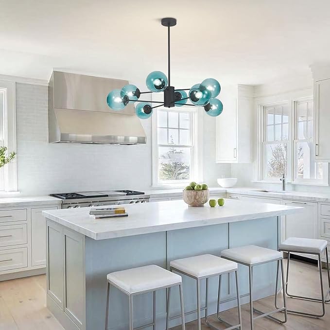 KCO Lighting Modern 8-Lights Blue Glass Sputnik Chandelier Mid-Century Matte Black Globe Flush Mount Chandelier Industrial Large Glass Ball Sputnik Chandelier Pendant Lamp (Black+Blue)