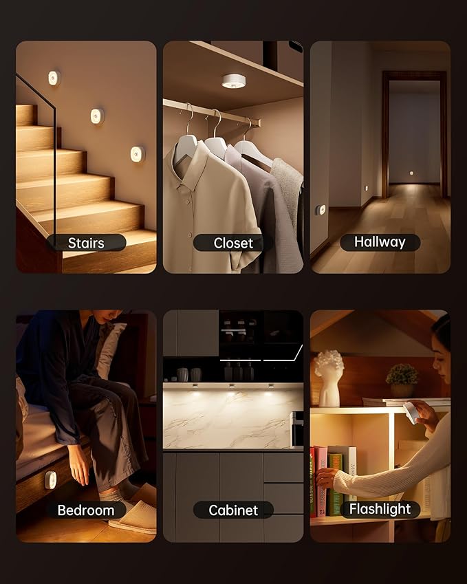 Homelist Motion Sensor Light Indoor, 4 Pack 100LM Rechargeable Puck Lights COB Light Source with Dual-Ring Design, Small Motion Sensor Night Light for Bedroom Bedside, Cabinets, Hallway, Stairs