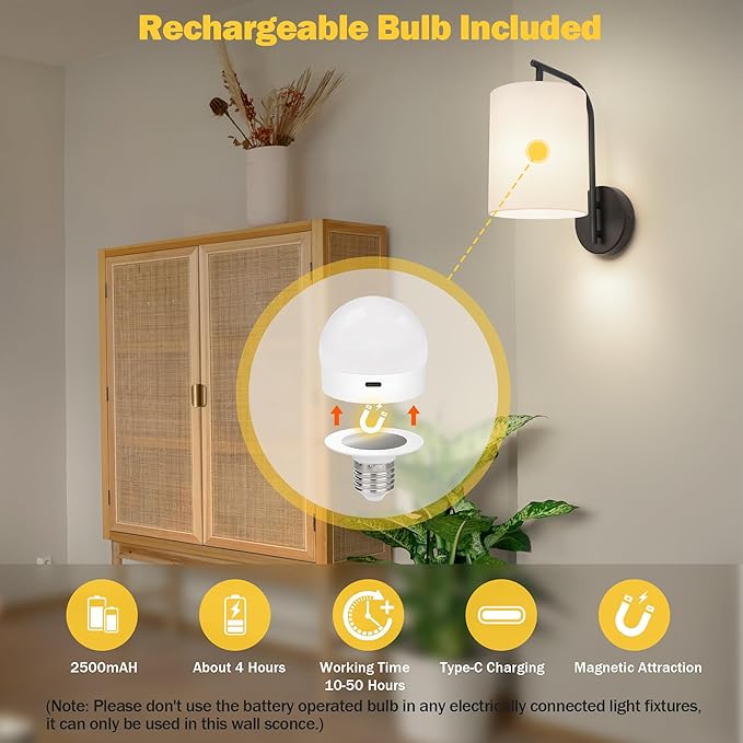 Battery Operated Wall Sconce Set of 2, Black Rechargeable Dimmable Wall Light Fixture Remote, 12 RGB Colors & Timer, Wireless Lamp White Shade