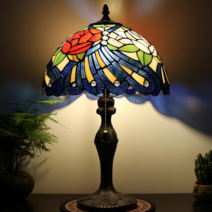 Tiffany Lamp Stained Glass Table Lamp 12” x 19” Rose Feather Style Decorative Lamp Bedside Reading Lamp for Desk Living Room Bedroom Office Study Light Home Decor Gift