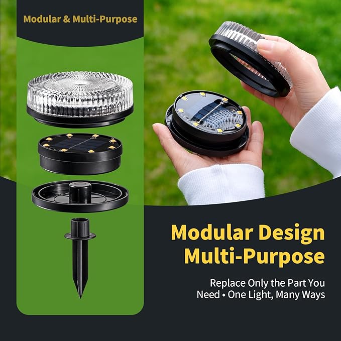 Glass Solar Ground Lights with Ray Style, Modular-Design Waterproof In-Ground Light for Patio Pathway Lawn Yard Deck Walkway, Decorative Disk Lighting for Garden Bed, Warm White (4 Pack)