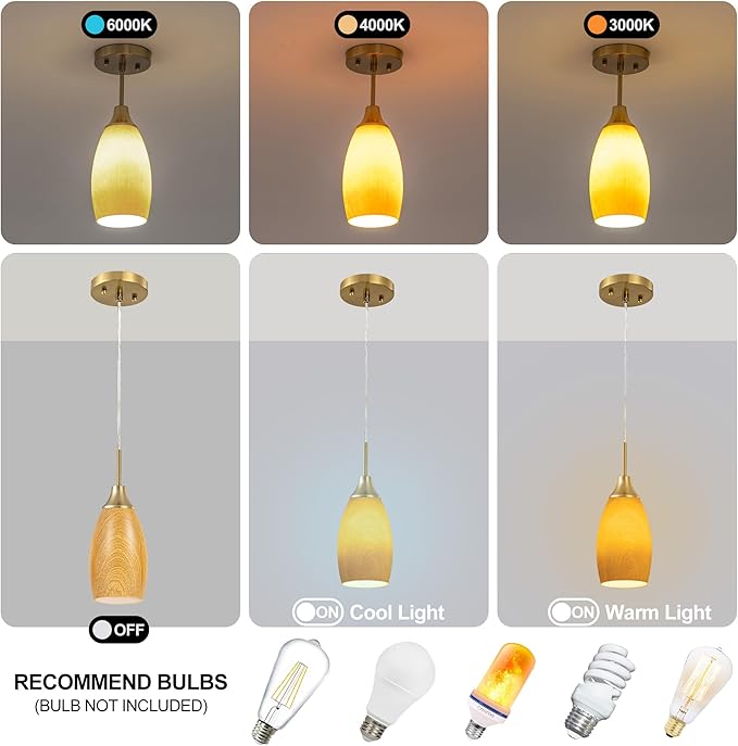 Mini Glass Pendant Light 4.72" Walnut Wood Grain Pendant Lights 3-Pack Handblown Art Oval Glass Hanging Pendant Light for Kitchen Island Dining Room Living Foyer Hallway Entry Brushed Gold