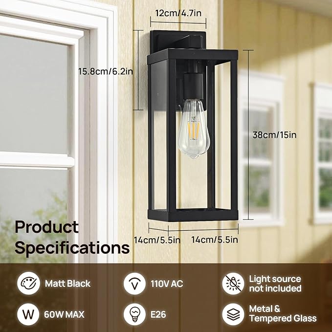 Black Outside Lights for House 15" H Outdoor Wall Sconce Waterproof Large Exterior Light Fixtures for Garage, Doorway, Porch, Patio, 2 Pack
