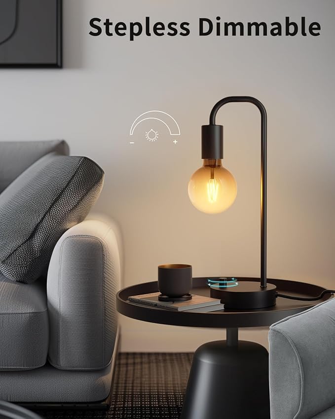 ONEWISH Industrial Table Lamp with 2 USB Port, Fully Dimmable Nightstand Bedside Lamps for Bedroom,Desk Lamps with 2700K Black Gradient Bulb for Reading Living Room,Office
