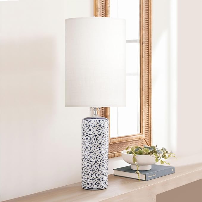 Tall Lamp Shades Set of 2, 10" Top X 10" Bottom X 13" High Large Drum Lampshades for Table Lamps Floor Lamp, White Line Fabric Lamp Shades, Easy Assembly Replacement Lampshades
