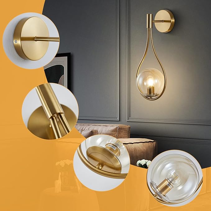 KCO Lighting Glass Globe Wall Mounted Sconce Gold Teardrop Wall Sconce Vintage Cordless Sconces Wall Lighting for Stairwell Bathroom Bedroom (Gold + Amber)