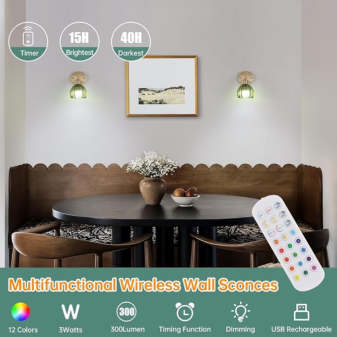 Vintage Battery Operated Wall Sconce with Cute Green Tulip Glass Lampshade Wireless Rechargeable Battery Powered Wall Light with Remote Control for Bedside Bedroom Doorway, Set of 2