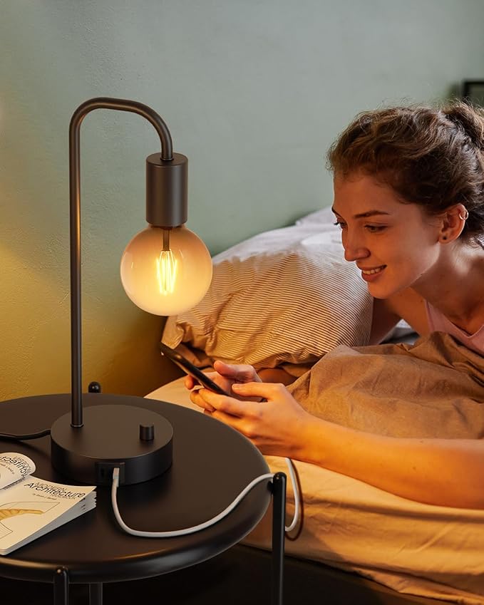 ONEWISH Industrial Table Lamp Set of 2 with USB C&A Charging Port, Stepless Dimmable Nightstand Bedside Lamps for Bedroom,Desk Lamps with 2700K Black Gradient Bulb for Reading Living Room,Office