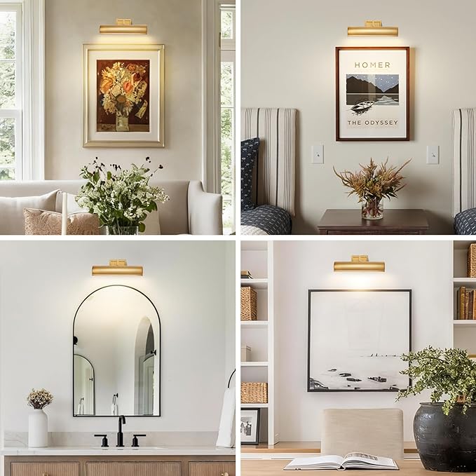 12in Brass Picture Light, 270° Rotatable Gold Wall Sconce Hardwired, 2-Light Vanity Wall Light Over Mirror, Dimmable Picture Art Light for Living Room, Bedroom & Bathroom