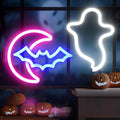 BRIGHTDECK 2 Pack Halloween Neon Signs, White Ghost, Blue Bat Full Moon Neon Lights Decorations, USB/Battery Powered Led Neon Sign for Halloween Wall Decor, Bedroom, Kids Gift, Living Room, Bar, Party (Half Moon)
