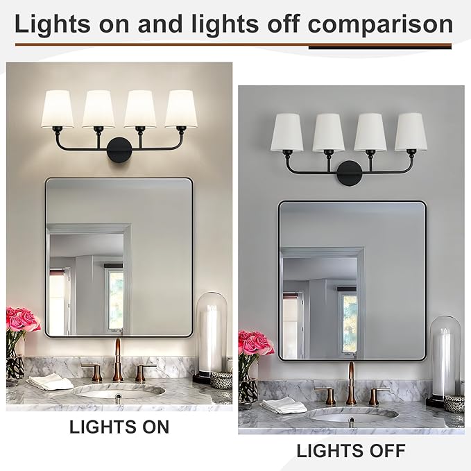 Matte Black Bathroom Light Fixtures, 4-Light Vanity Lights, Bathroom Lighting Fixtures Over Mirror with Flared White Fabric Shade, Modern Wall Sconce for Mirror Hallway Bedroom Living Room(ETL Listed)
