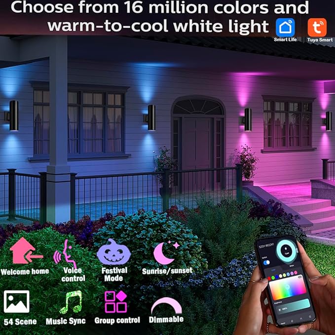 Exterior Double Up Down Outdoor Wall Lights,Mi.Light Remote Control RGB Color Changing 1000lm Warm White 3000k RGBW Cylinder Outdoor Wall Light,Smart LED Exterior Lighting (4 Pack)