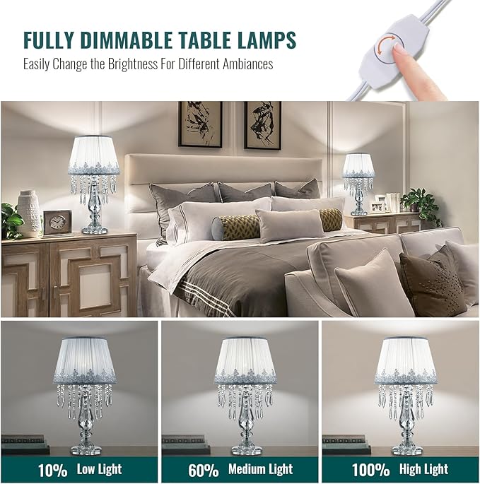 Siljoy Crystal Table Lamp Set of 2, Dimmable Bedside Lamp with Fabric Shades, Farmhouse Nightstand Lamps with K9 Crystal Strands for Living Room Bedroom 22.8 High